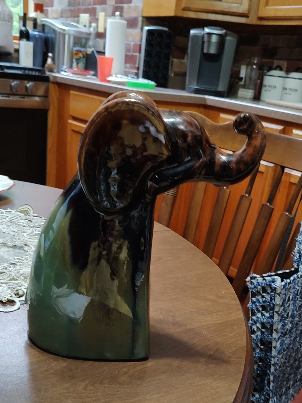 Glazed Green and Brown Ceramic Elephant Bust - Decorative Home Art